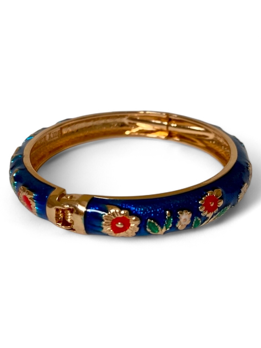 Jiu Long Xing Blue Enamel Floral Bracelet Bangle; Hinged Gold Tone - Picture 2 of 3